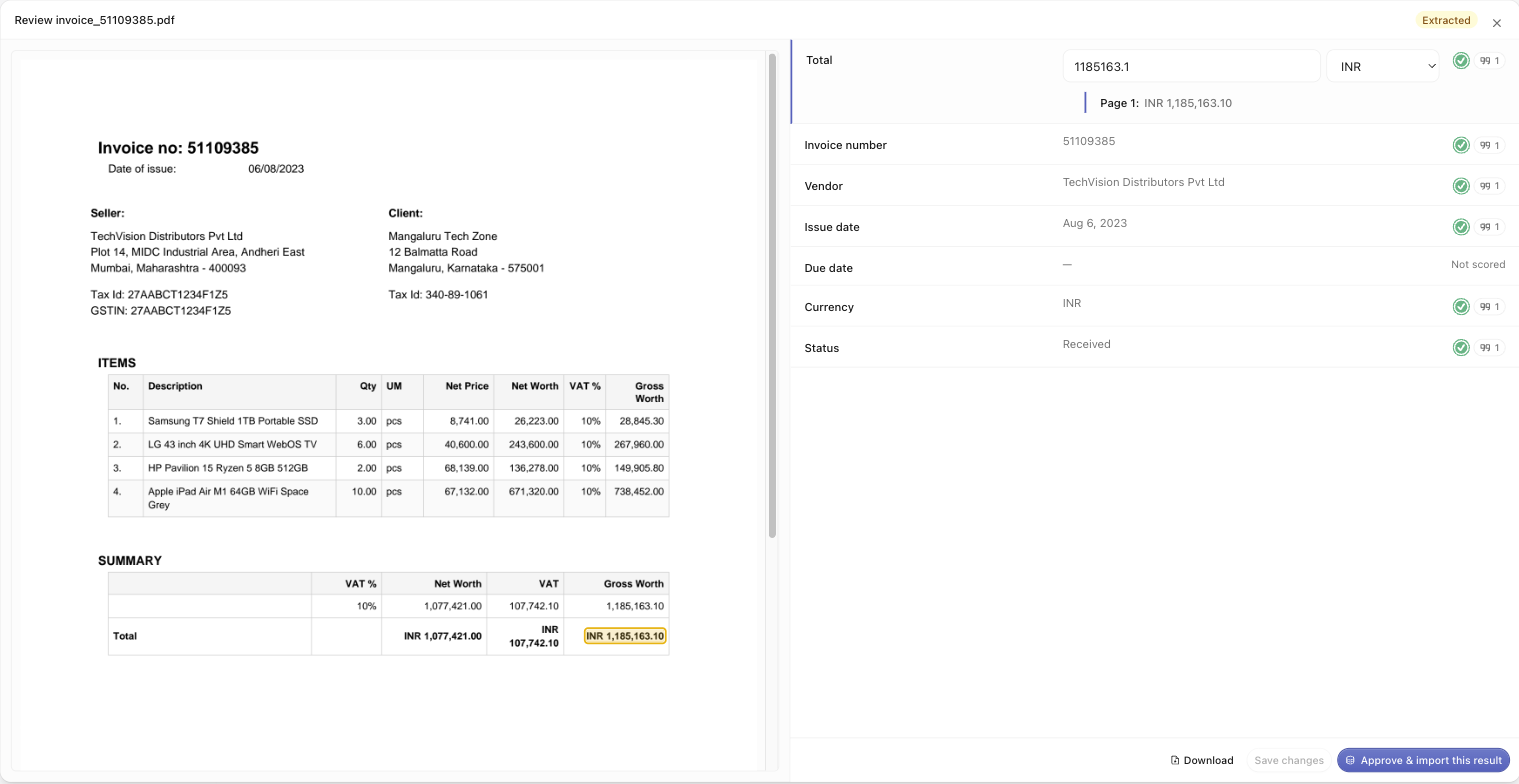 The extraction review workspace with the source invoice PDF and a highlighted total on the left, and the extracted fields with their page citations on the right