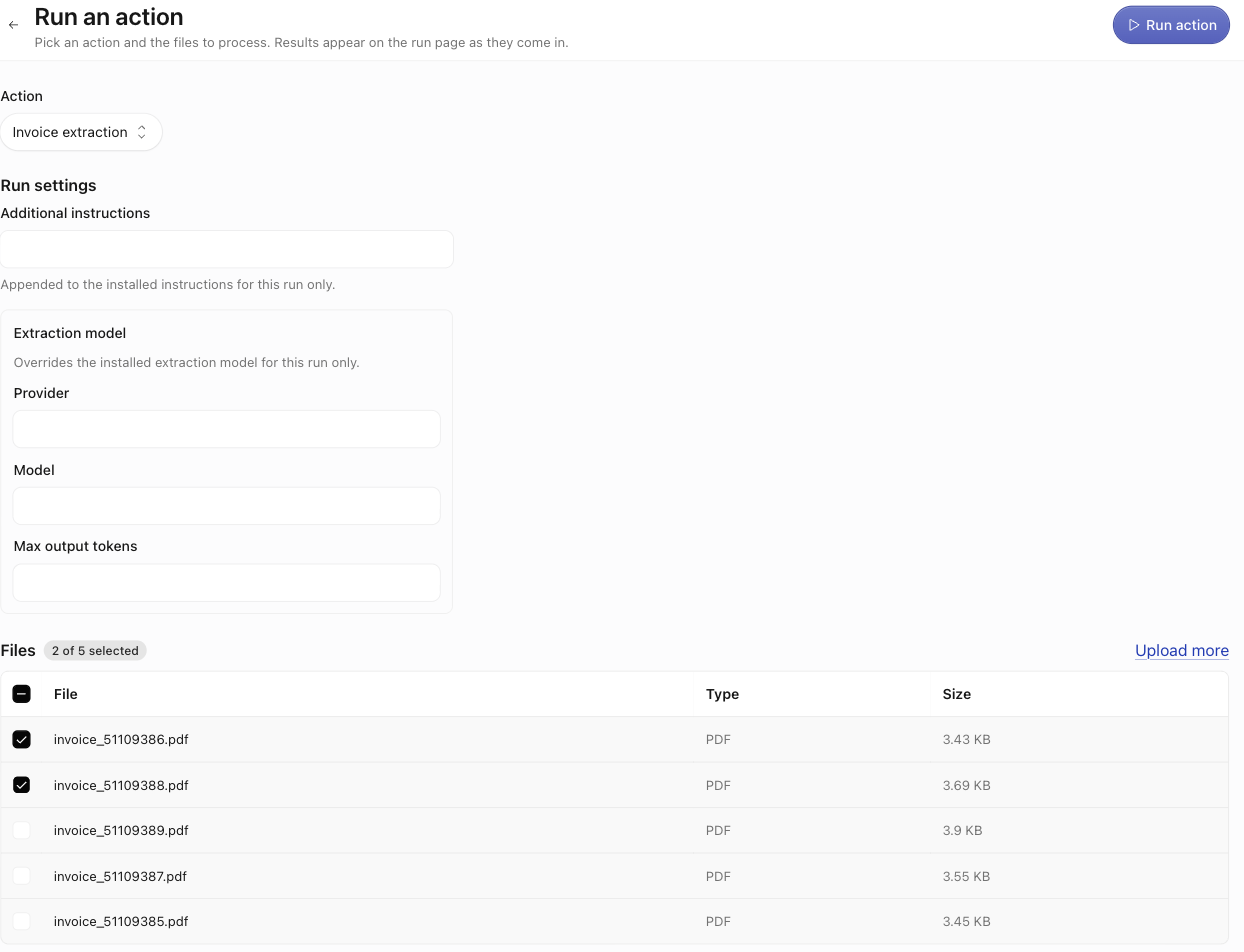 The Run an action launcher with the 'Invoice extraction' action chosen, its Run settings form, and 2 of 5 files selected