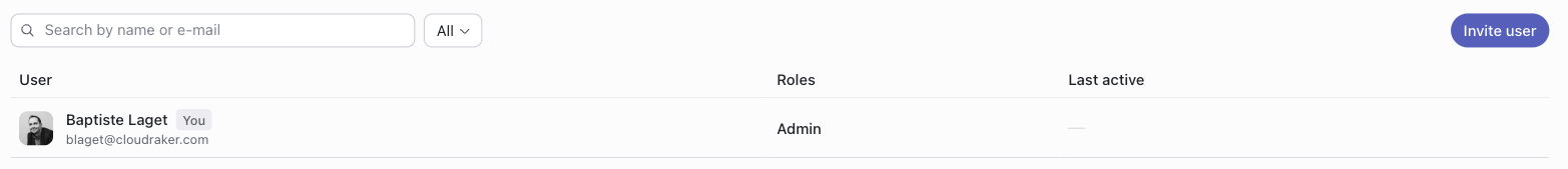 Admin Users page: search field, role filter, Invite user button, and a table of members with User, Roles, and Last active columns