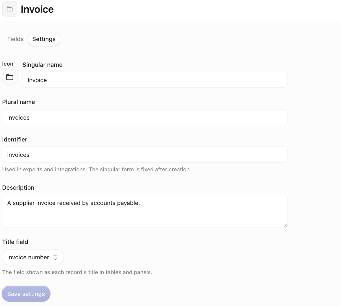The Settings tab of a record type showing Icon, Singular and Plural name, Identifier, Description, and Title field