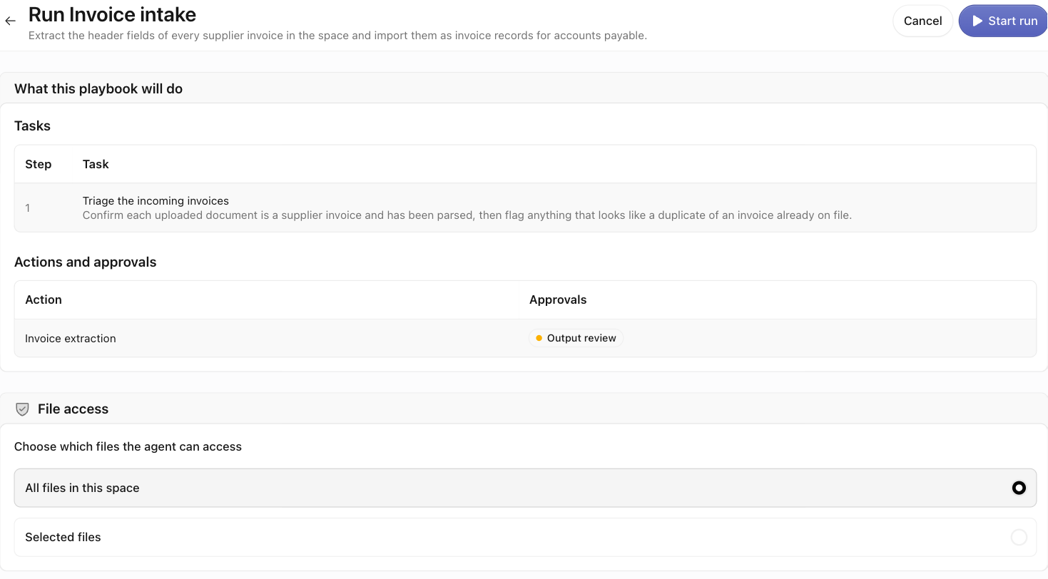 The Run playbook screen for the 'Invoice intake' playbook, showing its tasks, actions and approvals, and the File access choice between all files in the space and selected files