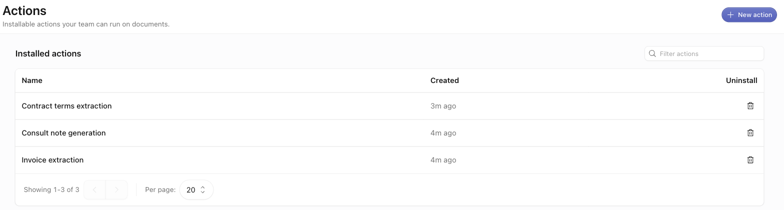 The Installed actions table listing three installed actions with Created dates, Uninstall buttons, and the New action button