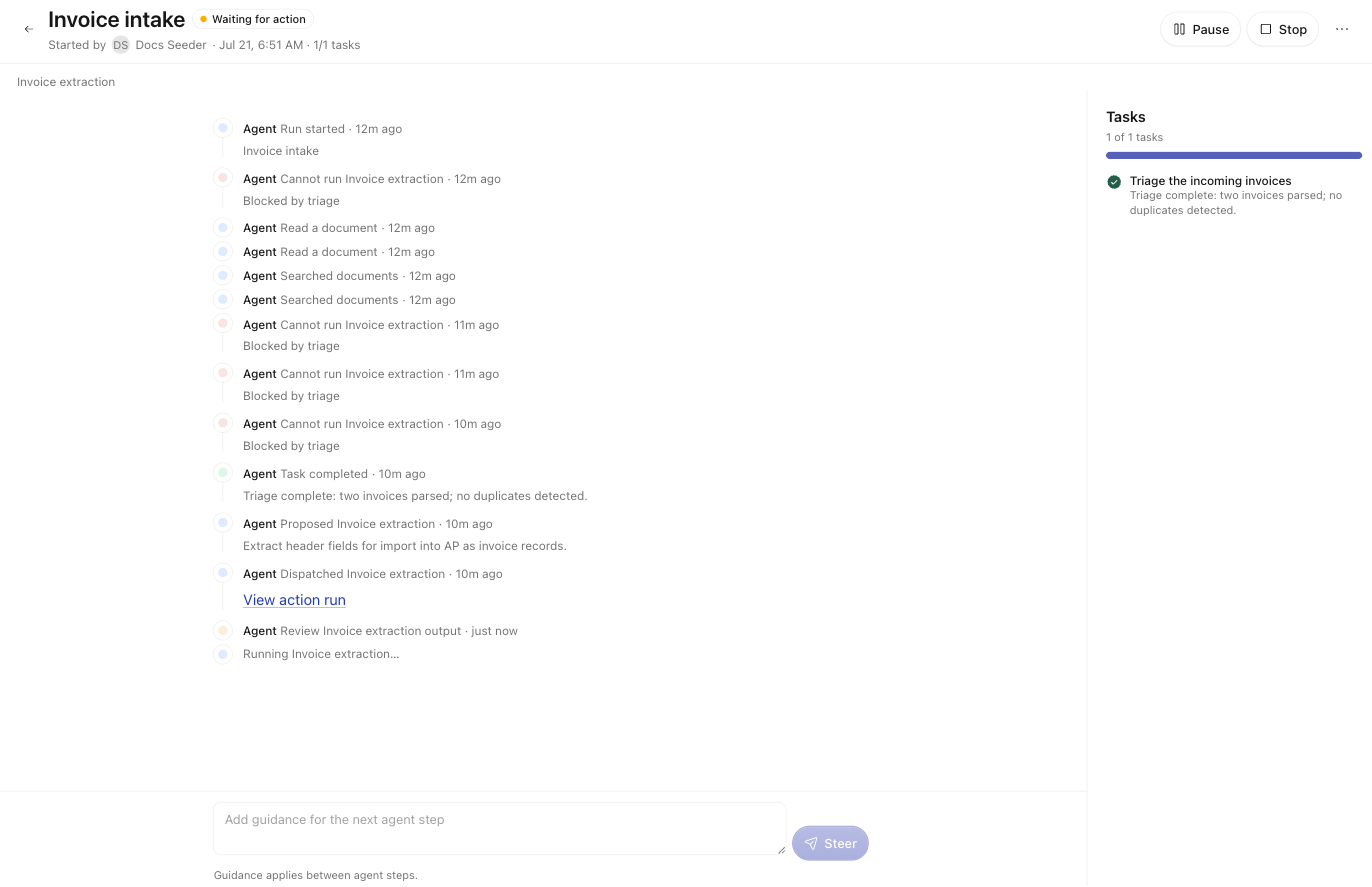 A playbook run detail page for 'Invoice intake' with the header status badge, the timeline of agent events, the Tasks rail on the right, and the steering composer at the bottom