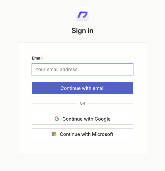 The hosted sign-in screen with email, Google, and Microsoft options