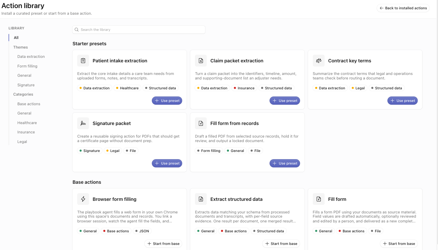 The Action library catalog with the Themes and Categories nav, Starter presets cards with Use preset buttons, and Base actions cards with Start from base buttons