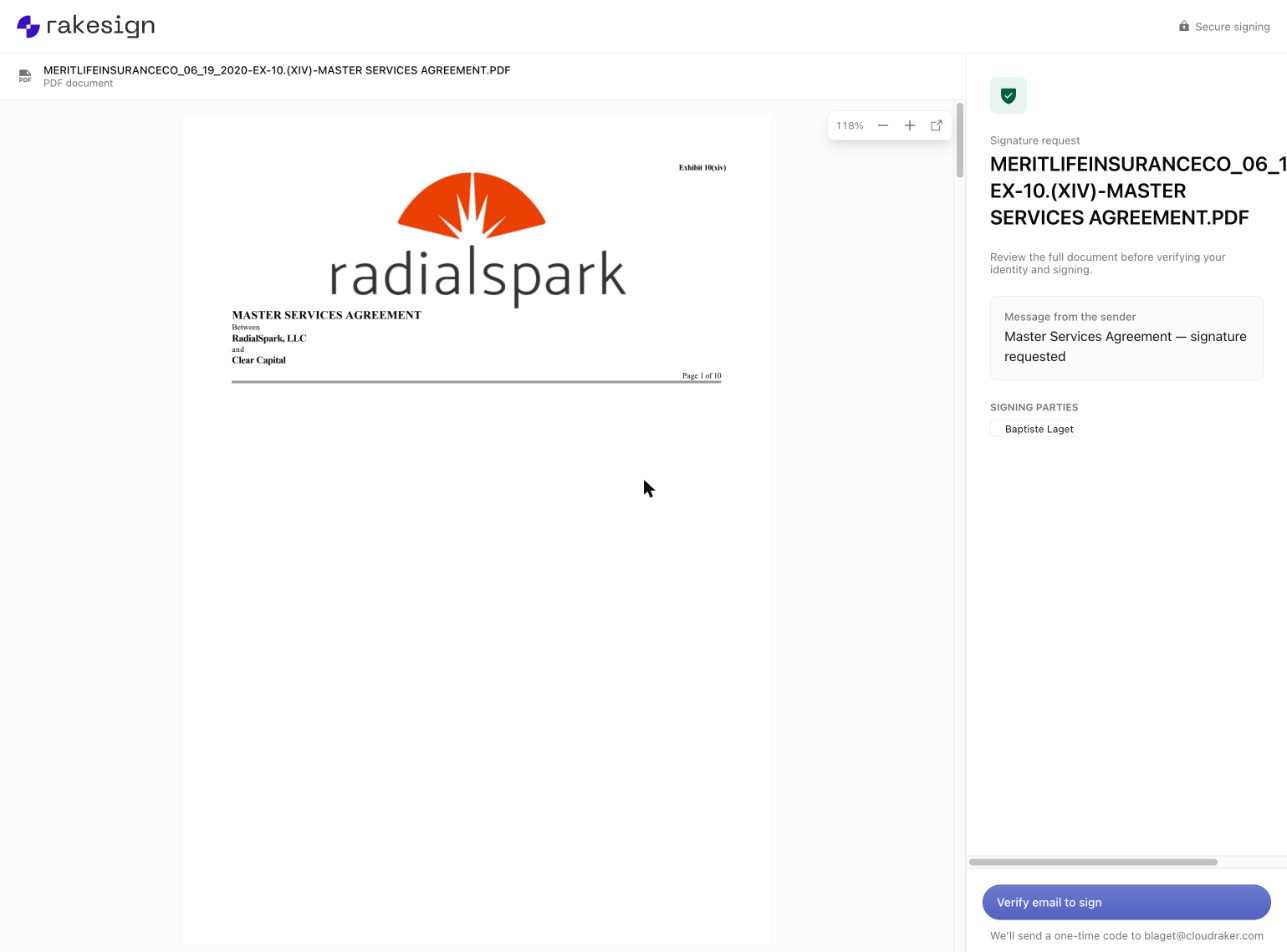 The recipient-facing signing page: the document preview on the left, and on the right the signature request with the sender's message, the signing parties, and a 'Verify email to sign' button