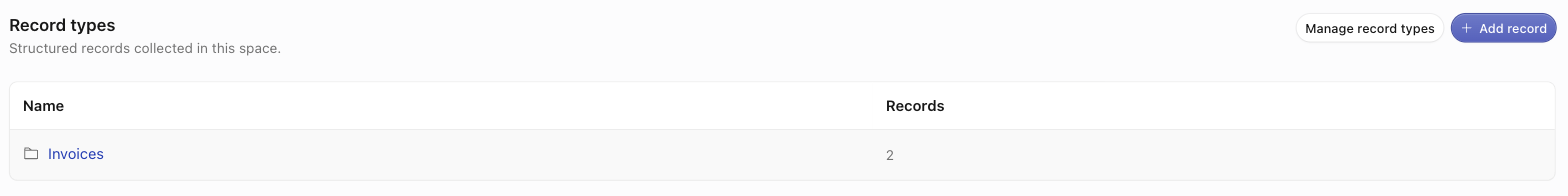 The space Data tab listing the Invoices record type with a record count, alongside the Manage record types and Add record buttons