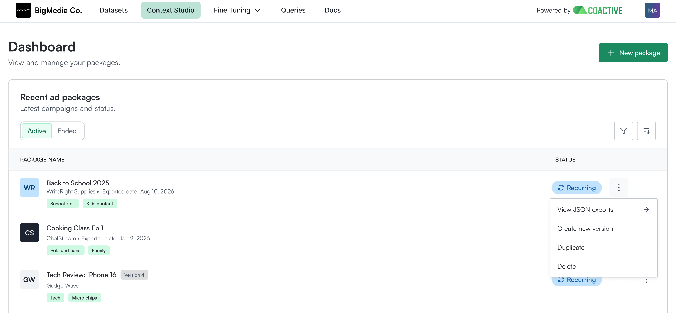 The Context Studio dashboard with a package's ⋮ menu open, showing Create a new version among View JSON exports, Duplicate, and Delete