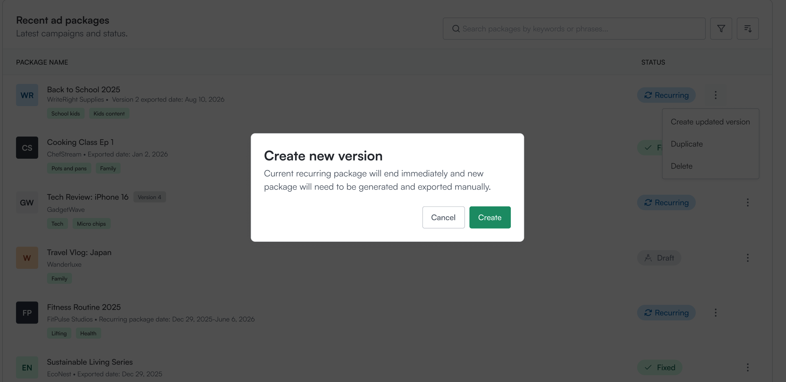 The Create new version confirmation modal reading "Current recurring package will end immediately and new package will need to be generated and exported manually," with Cancel and Create buttons