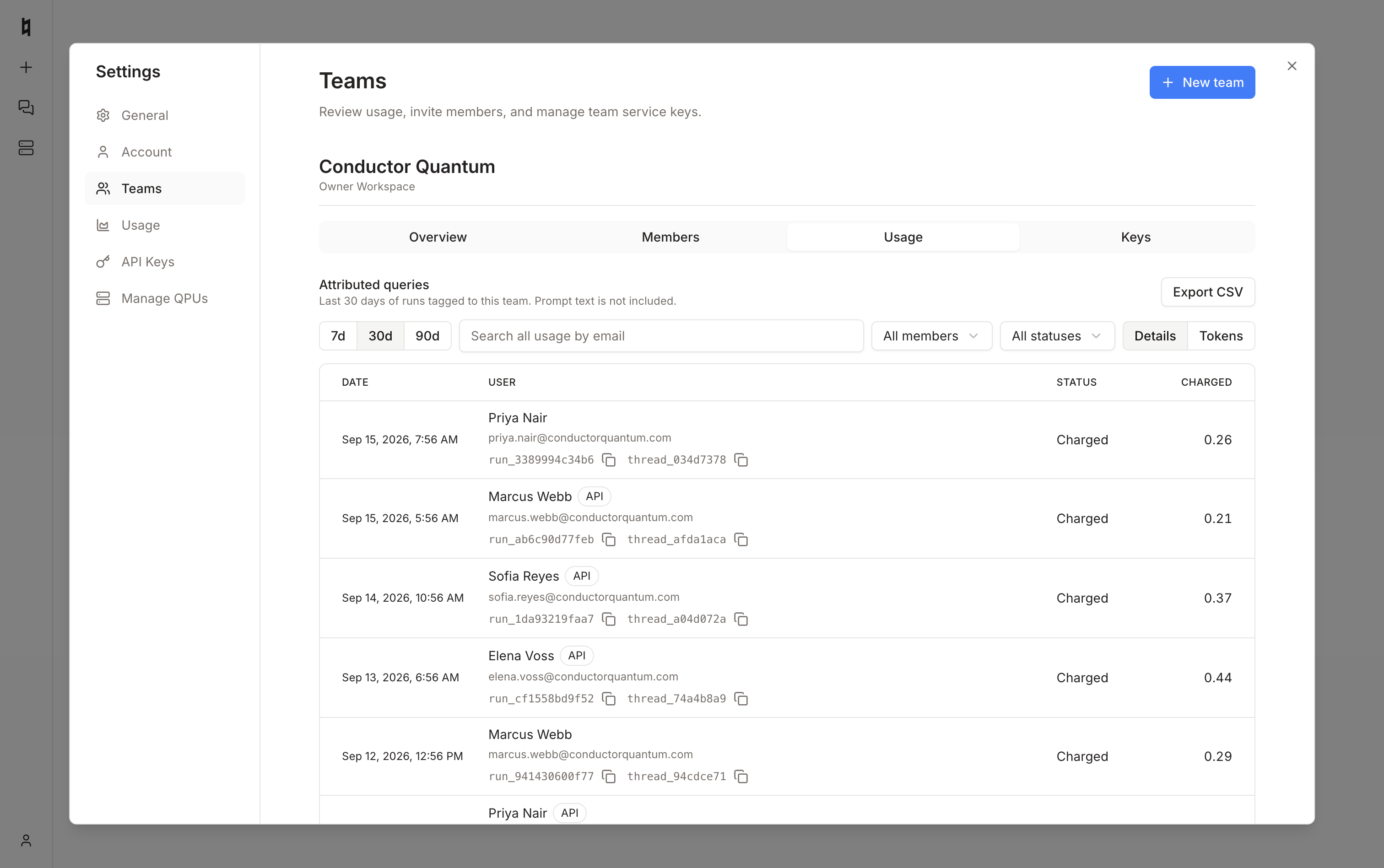 Settings → Teams usage tab with per-run attributed queries and CSV export