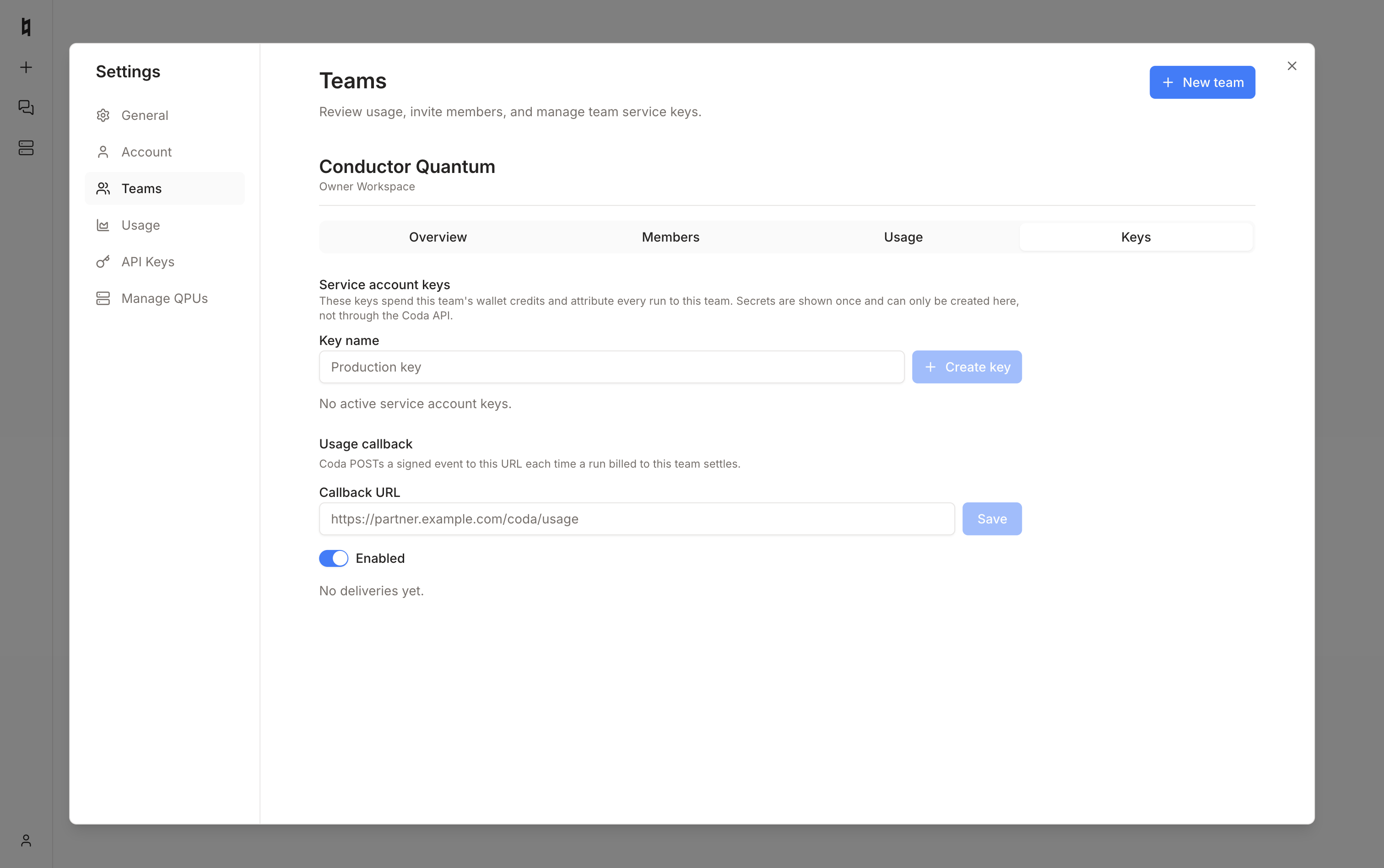 Settings → Teams keys tab for minting a team service-account key and enabling a usage callback URL