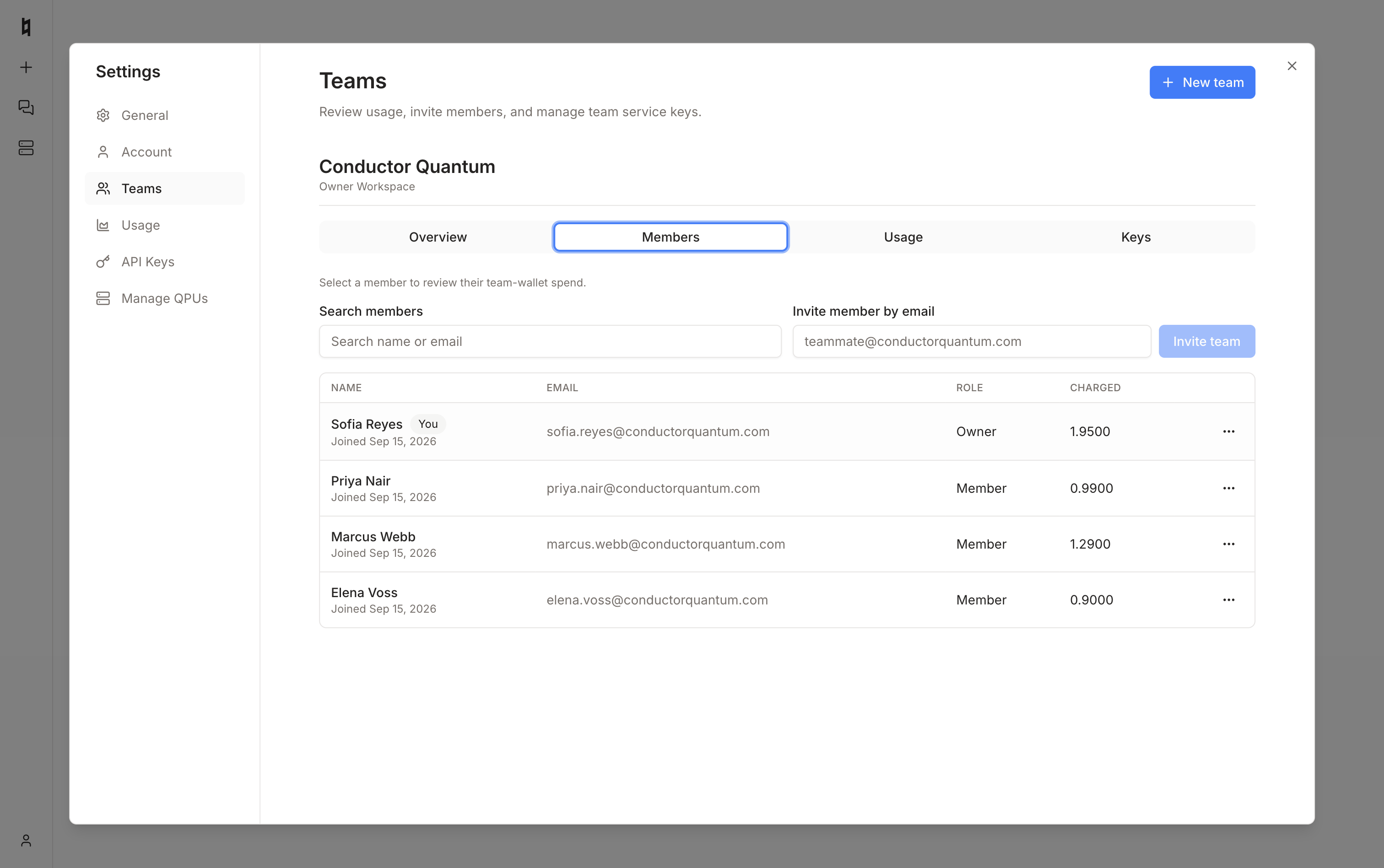 Settings → Teams members tab showing Sofia Reyes as owner with Priya Nair, Marcus Webb, and Elena Voss