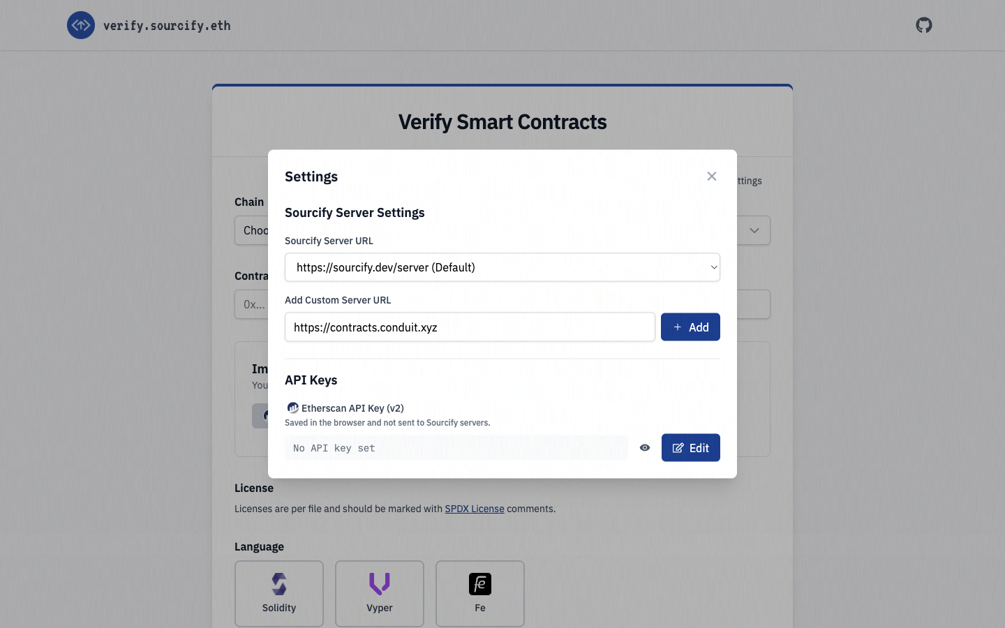 Sourcify Verify UI configured with the Conduit server