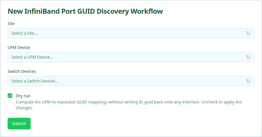 InfiniBand Port GUID Discovery workflow form
