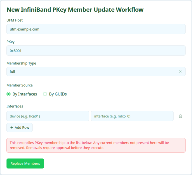 InfiniBand PKey Member Update workflow form