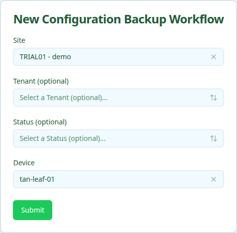Site Configuration Backup workflow form