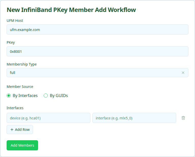 InfiniBand PKey Member Add workflow form