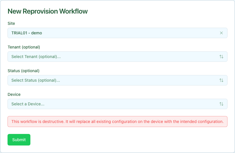 DSX Air trial Reprovision workflow form