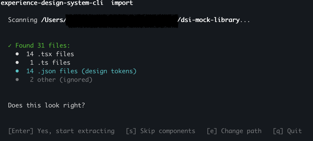 Extraction summary: the CLI scanned the project, listed 31 files by type (14 .tsx, 1 .ts, 14 .json design tokens, 2 other ignored), and asks the operator to confirm before starting extraction.