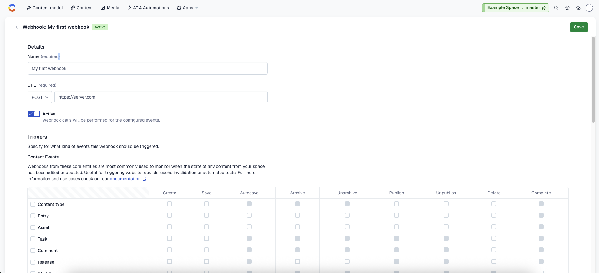 Creating a new webhook