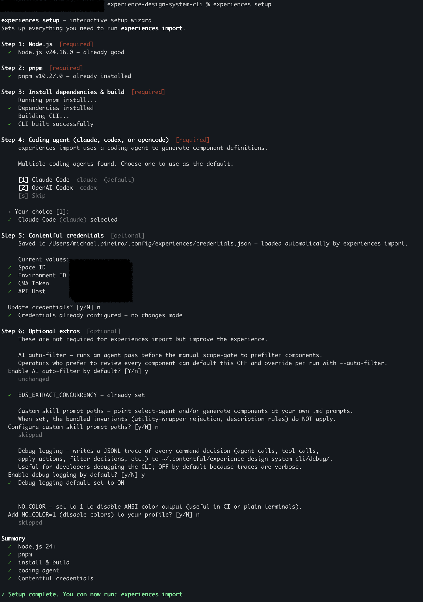 Terminal output from experiences setup showing all six steps completed: Node.js and pnpm checks, install and build, coding-agent detection, Contentful credentials confirmation, and Step 6 optional preferences (auto-filter, EDS_EXTRACT_CONCURRENCY, custom skill prompts, debug logging, NO_COLOR), ending with a "Setup complete" summary.