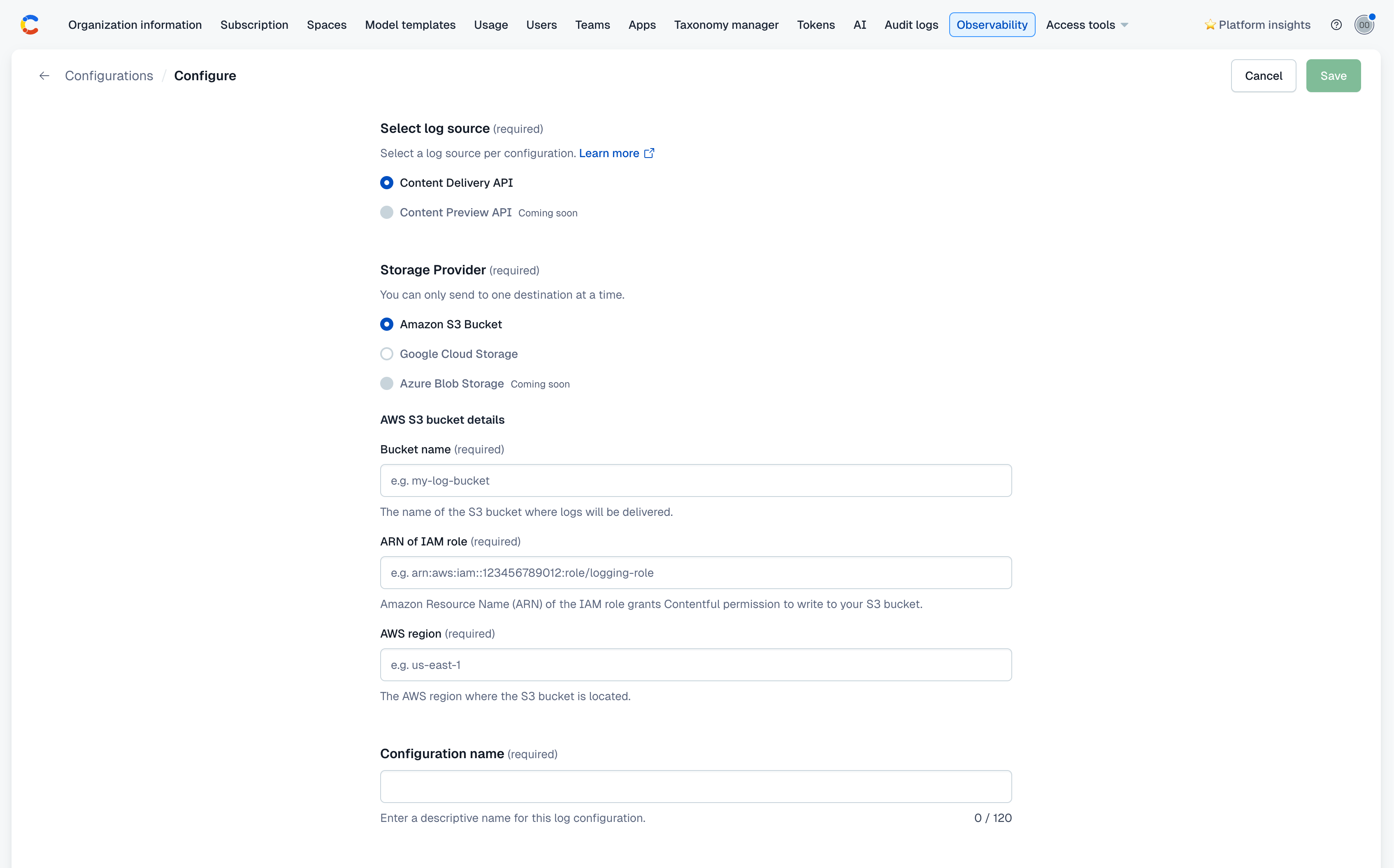 Enterprise Observability AWS S3 credentials