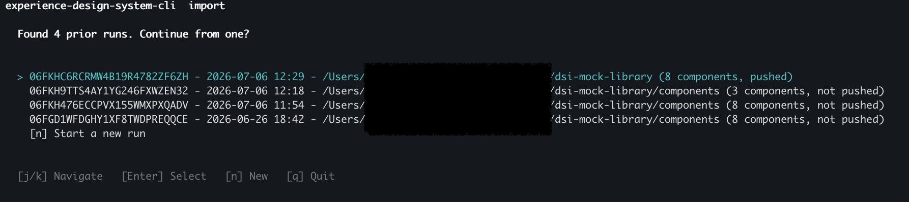 Run picker at wizard start, listing four prior runs with their run IDs, timestamps, project paths, component counts, and push state. The highlighted first row shows a run that has already been pushed; the other three are marked "not pushed". A "Start a new run" option appears below the list.