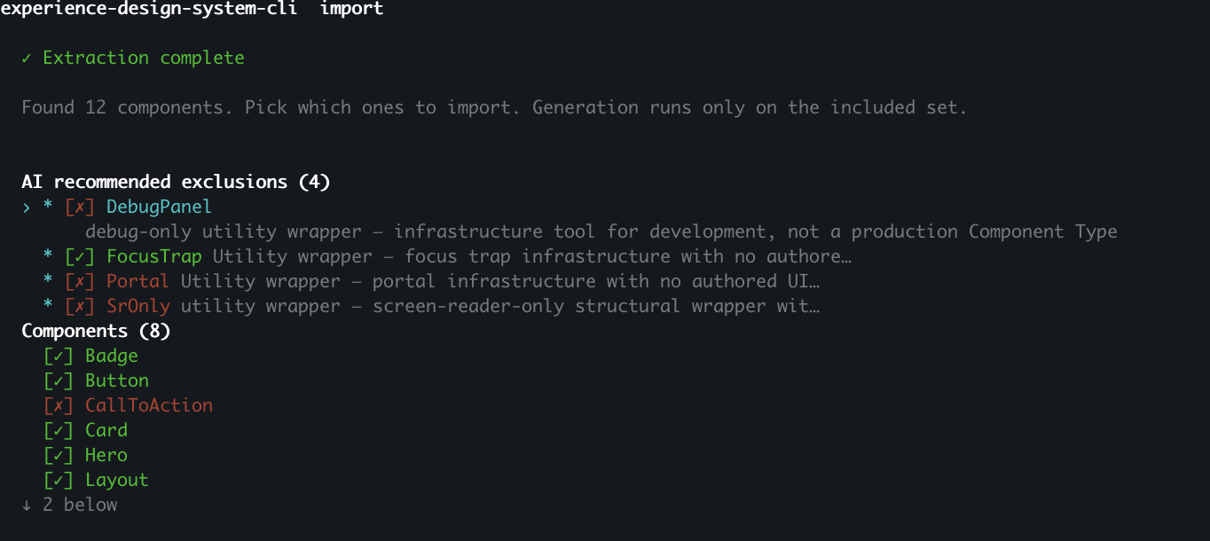 Scope gate screen with an "AI recommended exclusions" section listing components the agent flagged (DebugPanel, FocusTrap, Portal, SrOnly) alongside its rationale, and a "Components" section listing the remaining candidates with accept/reject markers.