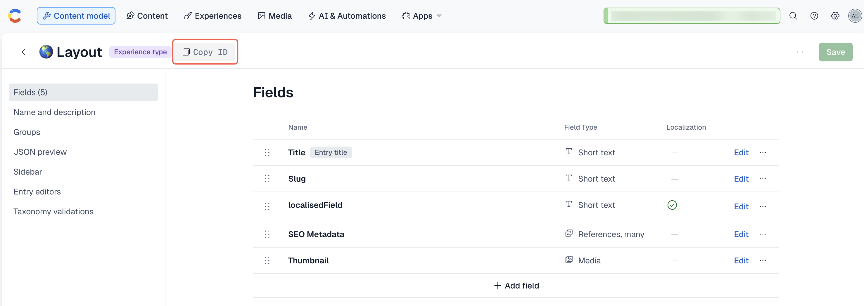 The Copy ID button for Experiences