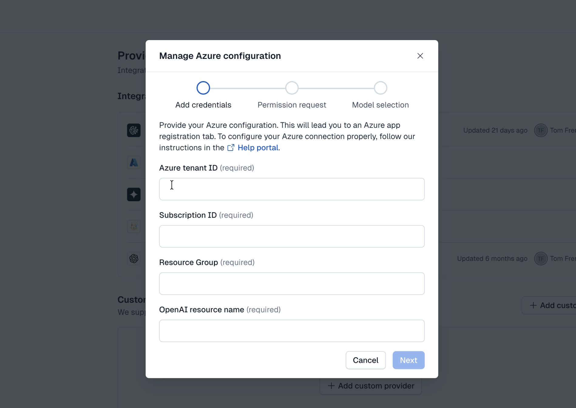 Azure connector modal