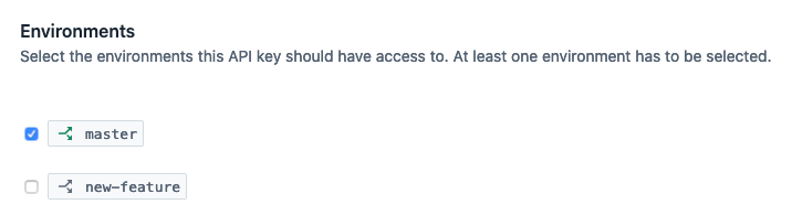 API keys environments image with checkbox for master
