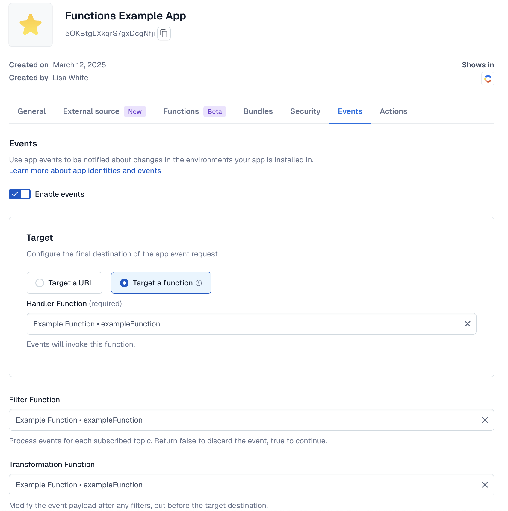 App Event functions setup