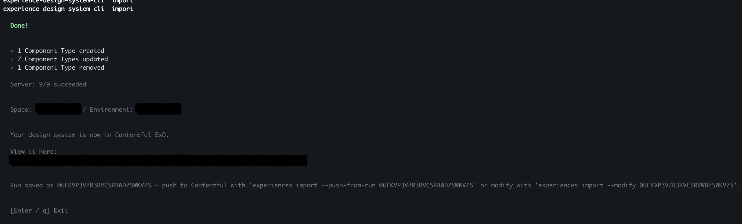 Success screen showing 1 component created, 7 updated, 1 removed, a server-side confirmation of 9/9 succeeded, the target space and environment, and a link to view the components in the Contentful web app. The wizard also prints the run ID plus copy-ready commands to push or modify this run again later.