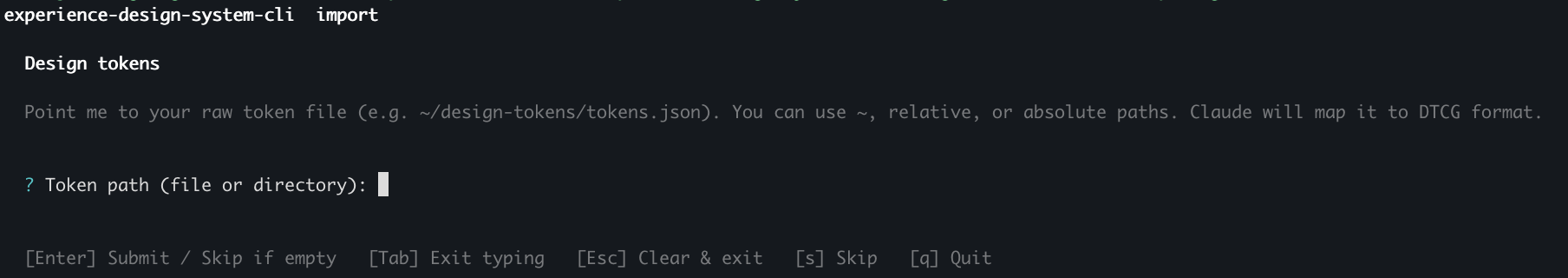 Design tokens step showing the prompt "Token path (file or directory)" with an explainer that the AI agent will classify the input into DTCG format, and legend hints for submitting, skipping, or clearing the input.