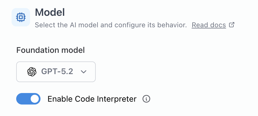 The Code Interpreter toggle in the agent settings