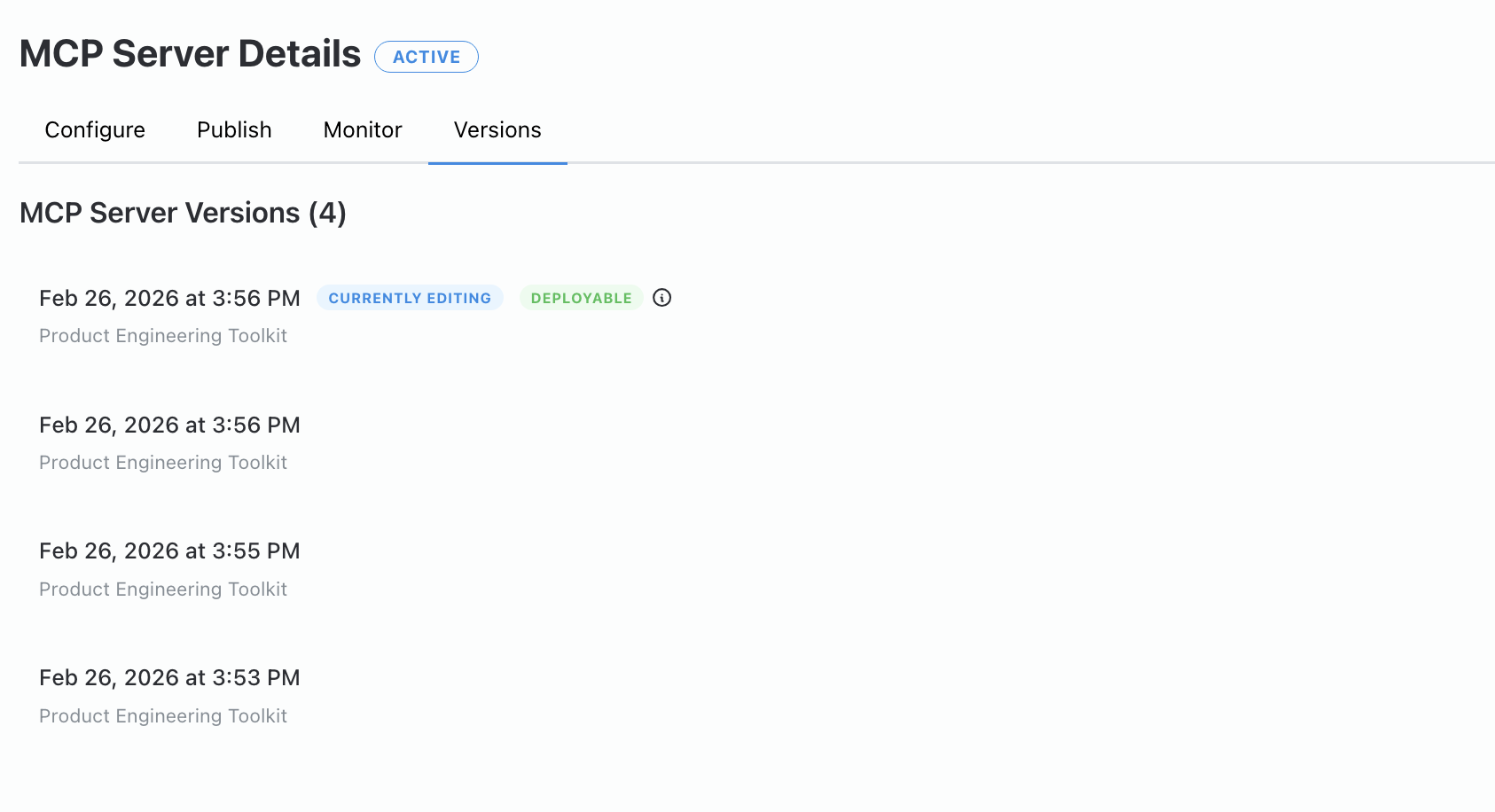 Version history of an MCP server with the option to revert to a previous version