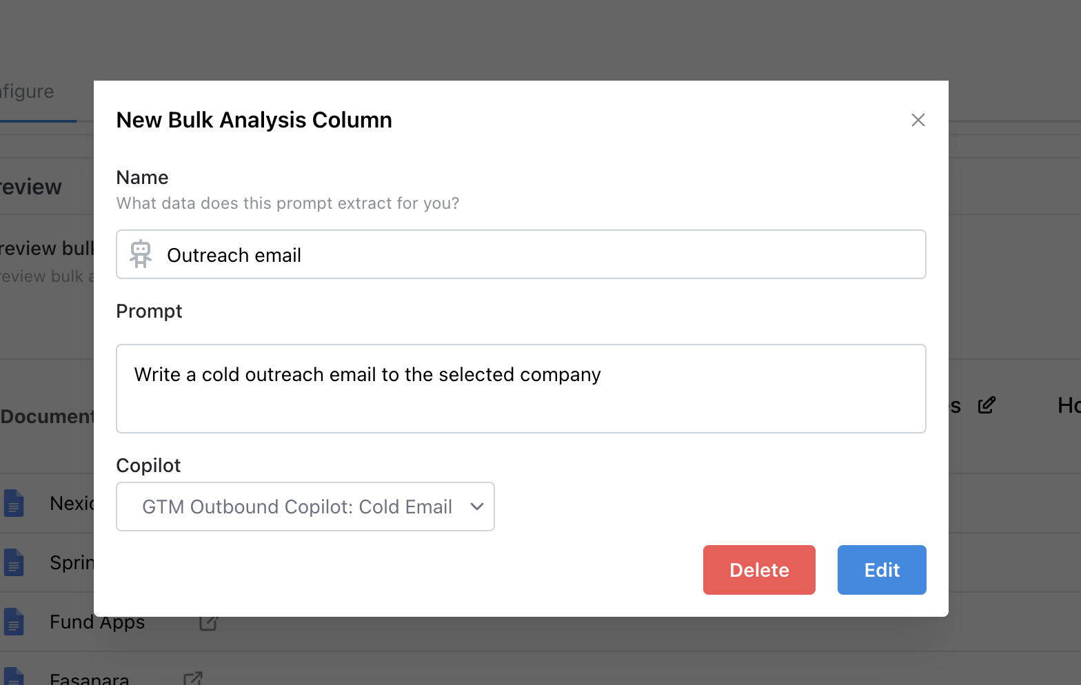 Completed column configuration for generating a cold outbound email with a selected Agent