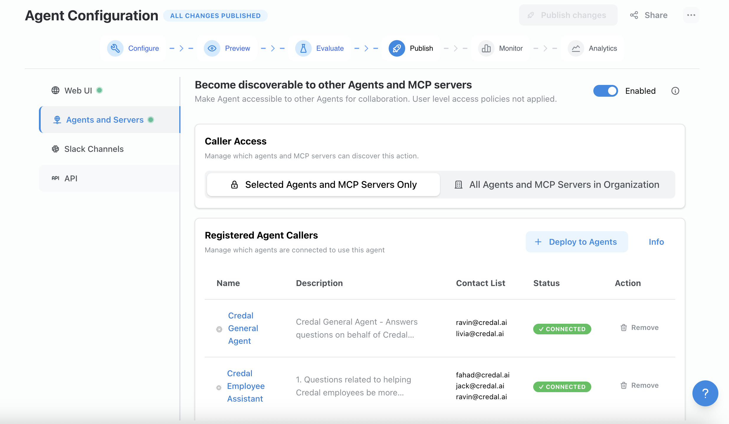 Publish tab with the Callable toggle enabled to make the agent discoverable