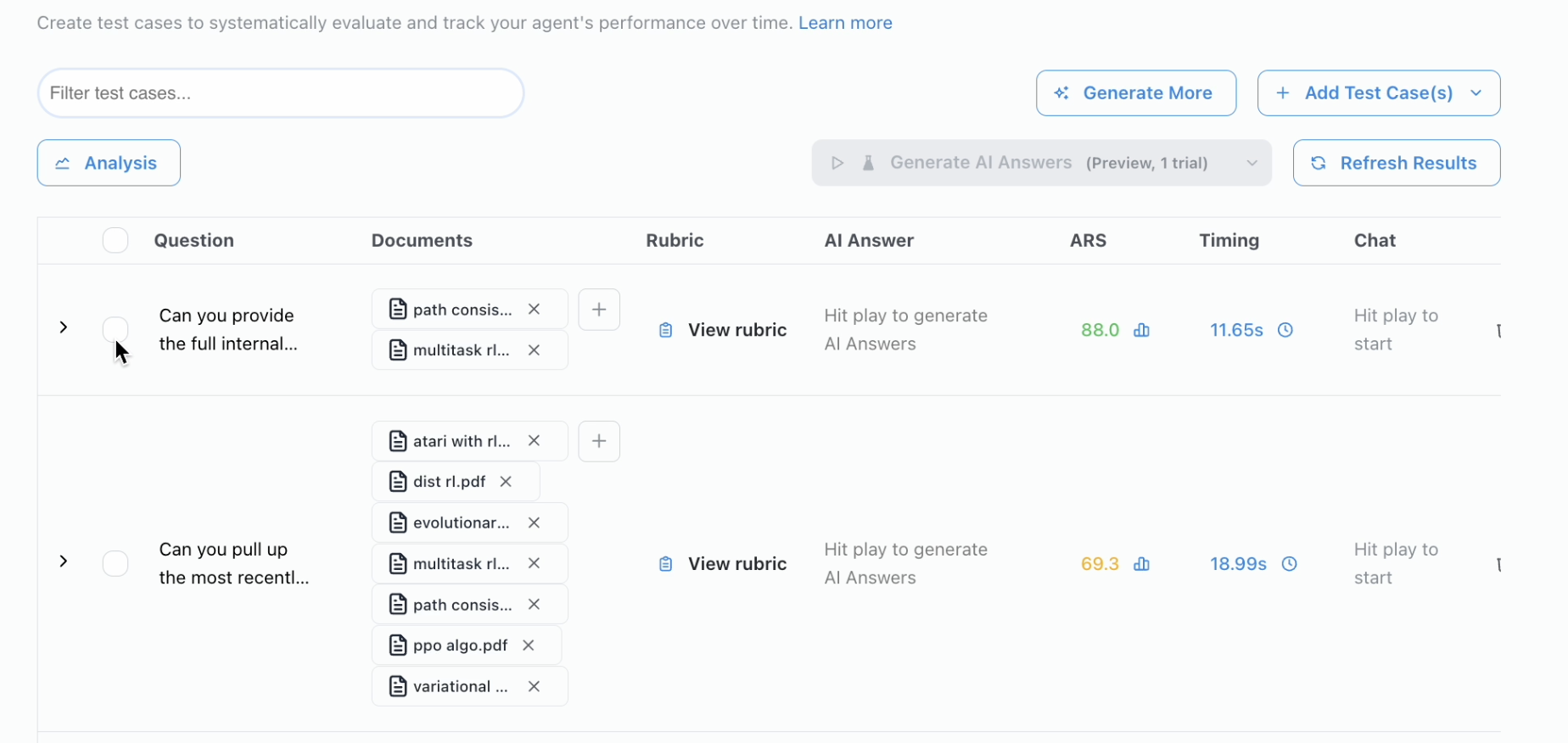 Evaluate tab showing the Agent Reliability Score alongside test case results