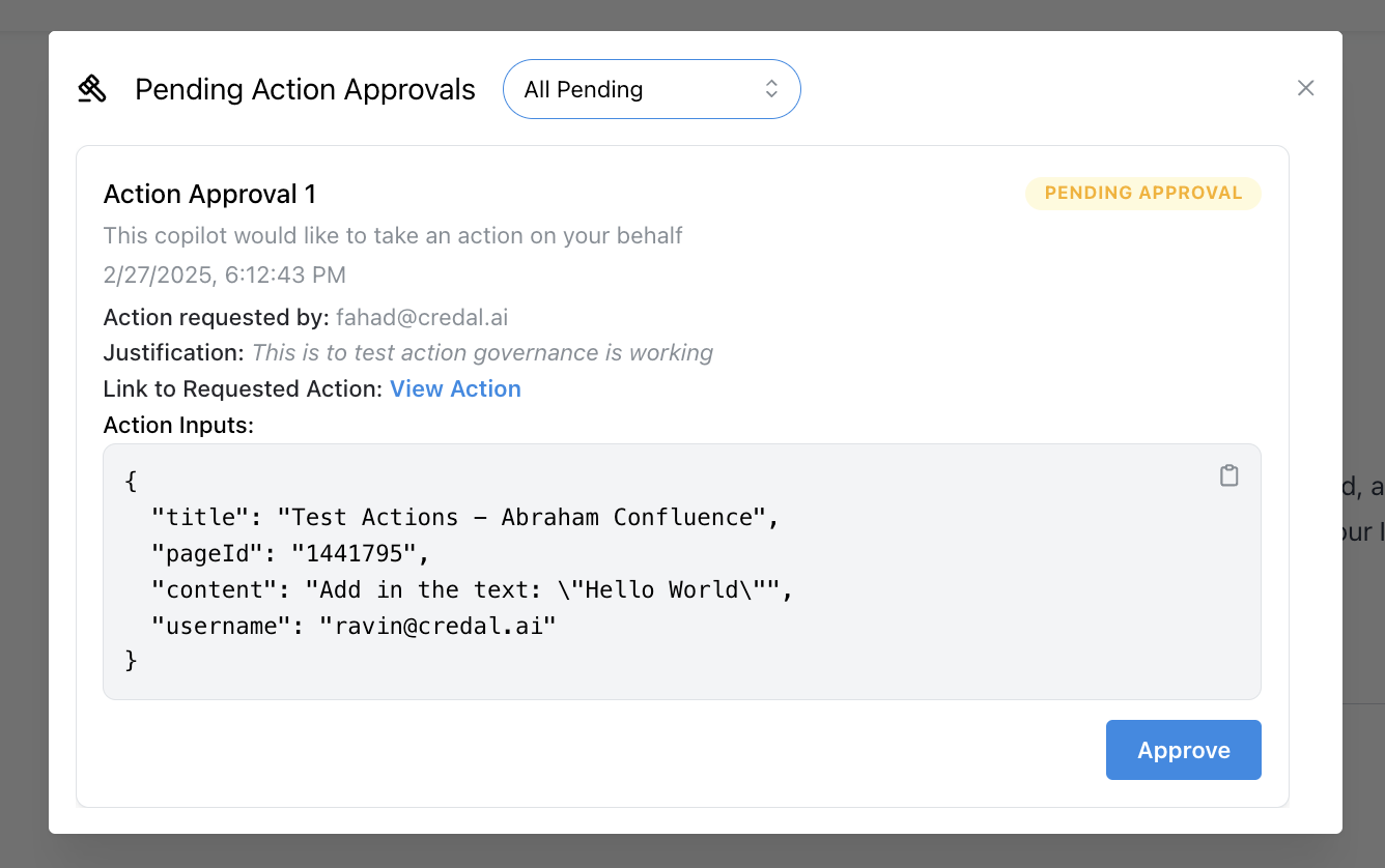 Pending action approvals modal