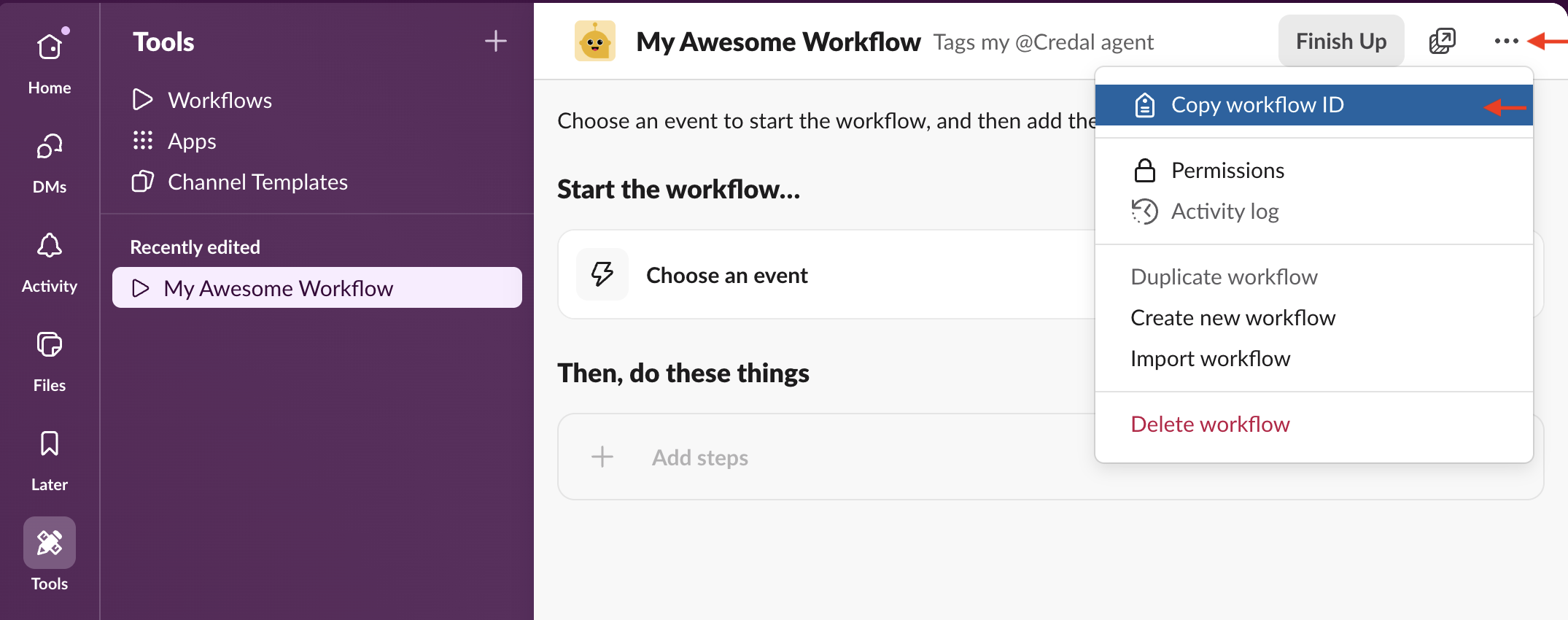 Slack workflow details showing where to copy the Workflow ID