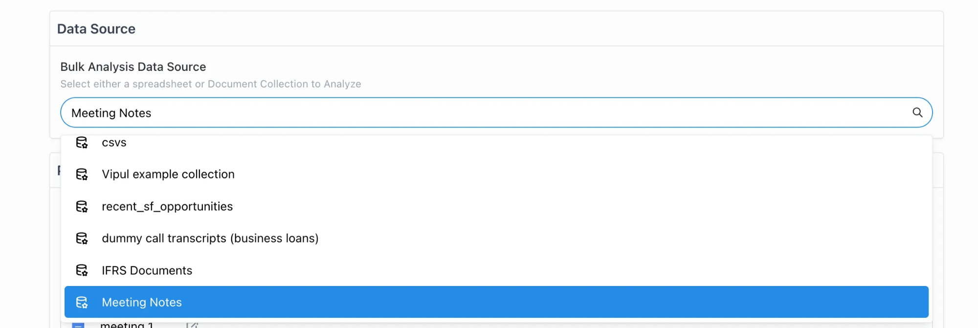 Dialog for linking a Document Collection or spreadsheet as the Bulk Analysis data source