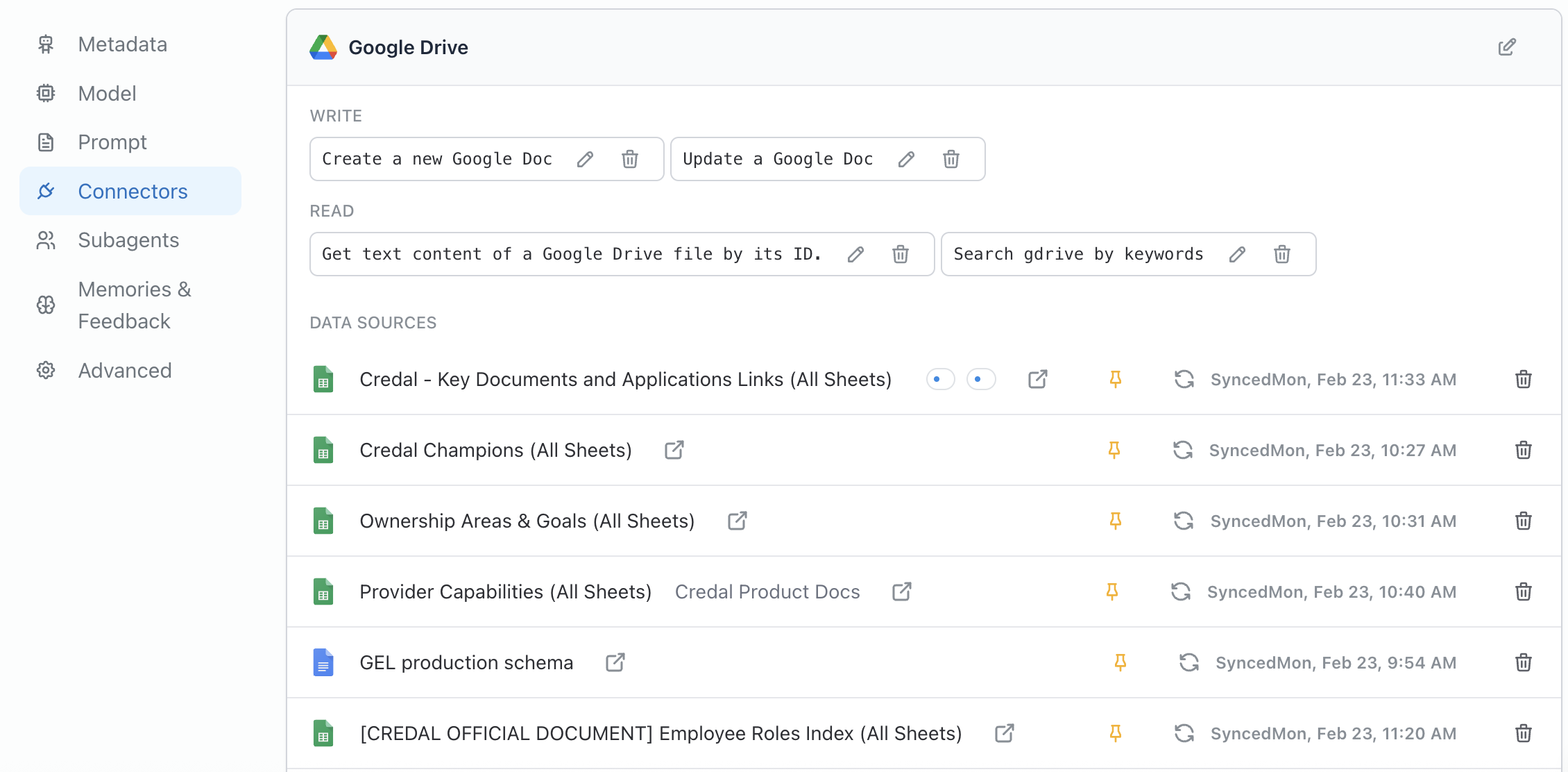 Attached data sources with a bookmarked source pinned via the yellow pin icon