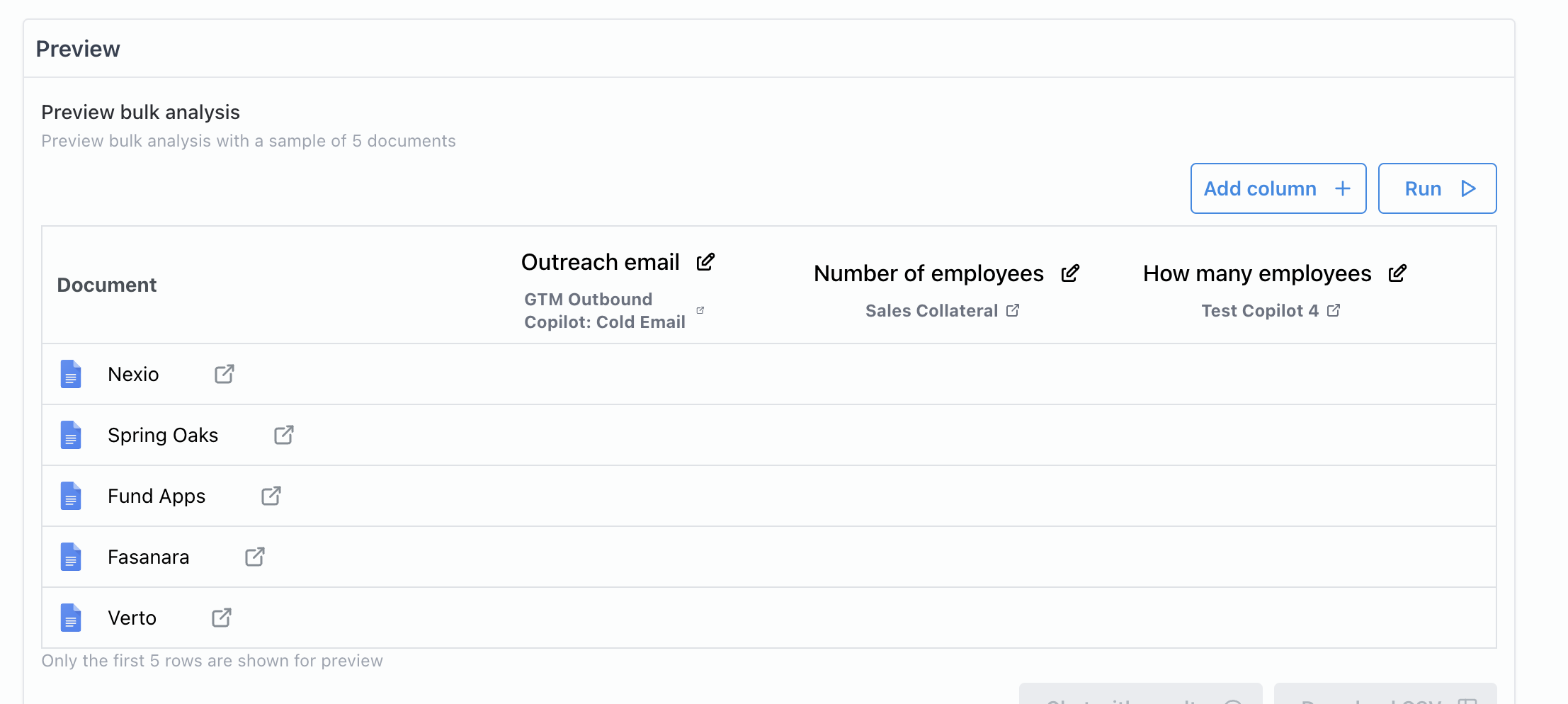 Preview table with multiple configured columns each extracting different insights