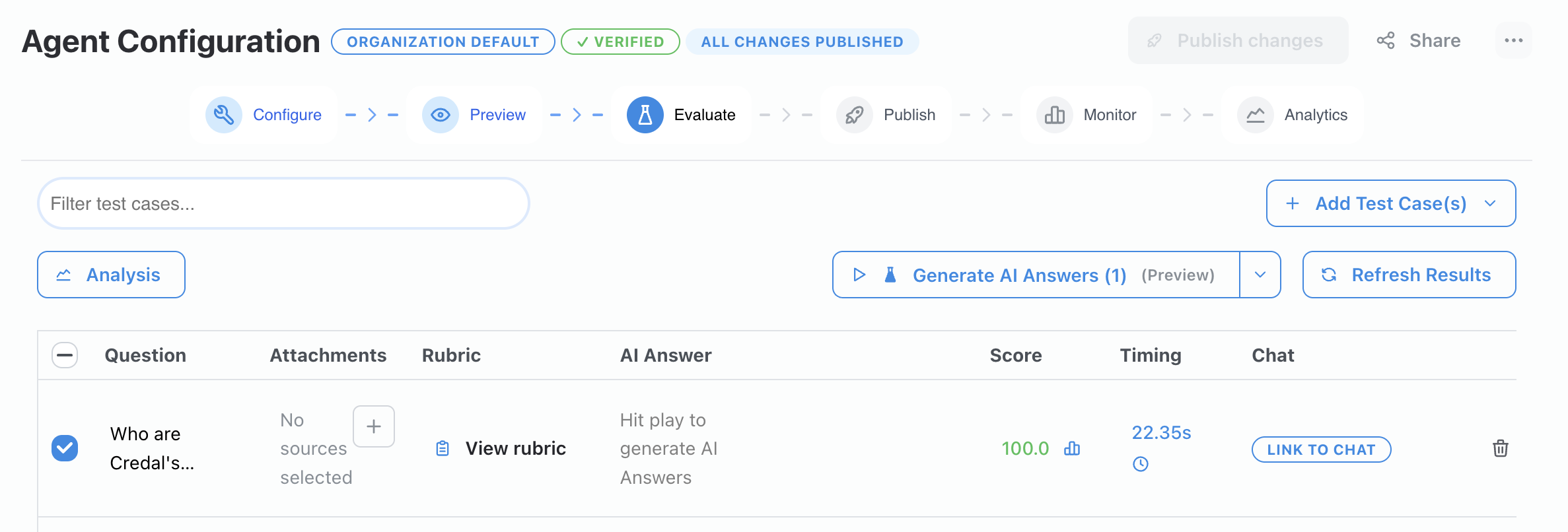 Generate AI Answers button running the agent against all test questions