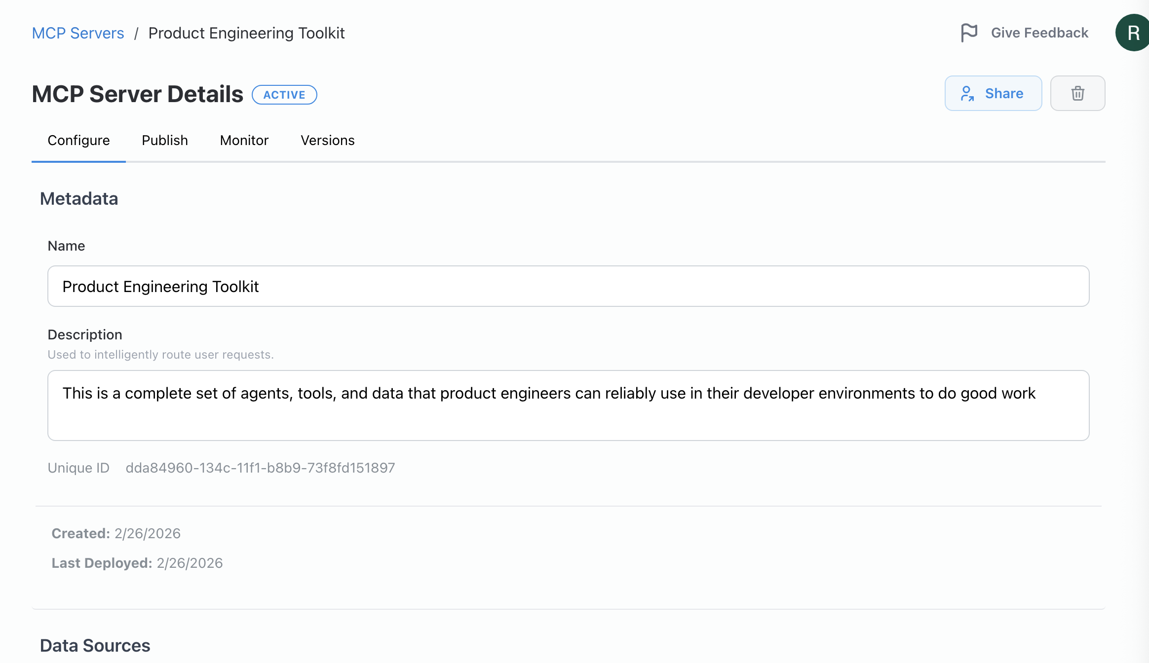 Server configuration page for adding data, tools, and agents