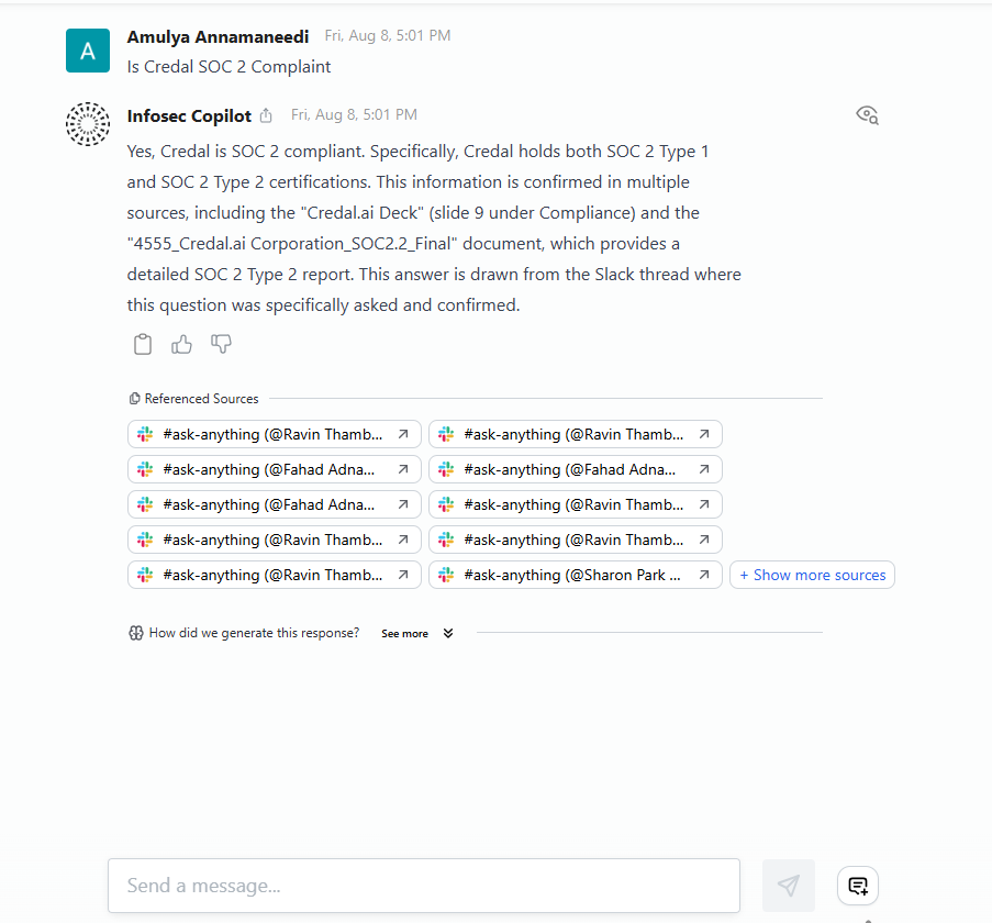 Agent answering a question in the chat with clickable source citations
