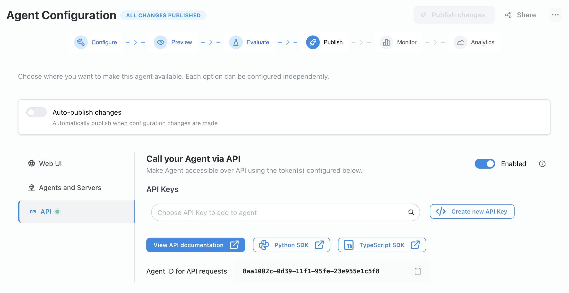 Toggle for enabling API access and generating an agent API key