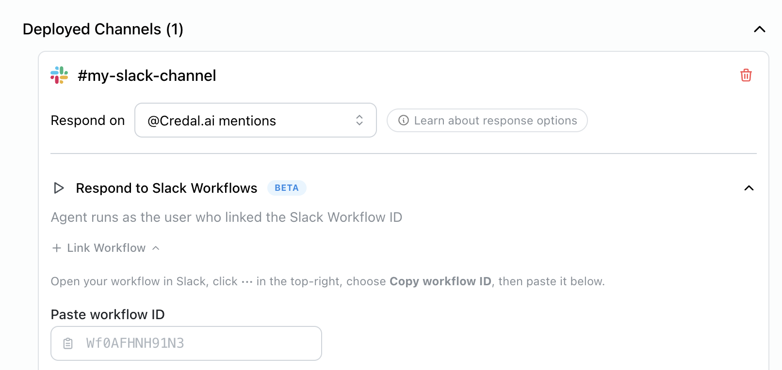 Slack publishing settings with the Respond to Slack Workflows toggle enabled and a Workflow ID pasted in