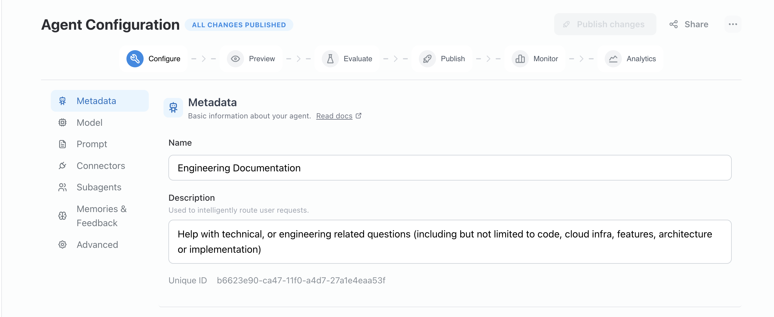 Editing the agent name and description on the Agent Configuration page